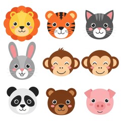 Fototapeta premium Cute Animal Faces - Lion, Tiger, Cat, Rabbit, Monkey, Panda, Bear, Pig.