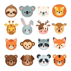 Cute Animal Faces Set - Sloth, Koala, Bear, Lion and More.