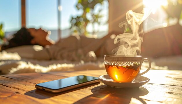 Cup of hot tea steaming on wooden table beside smartphone in sunny morning home interior, symbolizing relaxation, mindfulness, and peaceful weekend routine