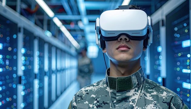 Soldier wearing virtual reality headset in a data center representing the merging of military training, simulation technology, and the future of digital warfare
