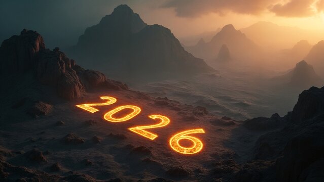 A neon sign that reads "2026" in the middle of a mountain range.