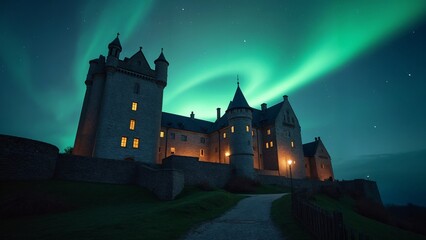 A night view of a castle with a rainbow in the sky.