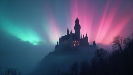 Fototapeta premium An aerial view of a castle in the middle of a foggy forest.