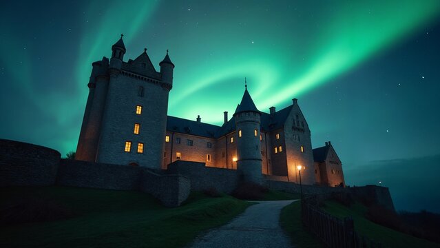A night view of a castle with a rainbow in the sky.