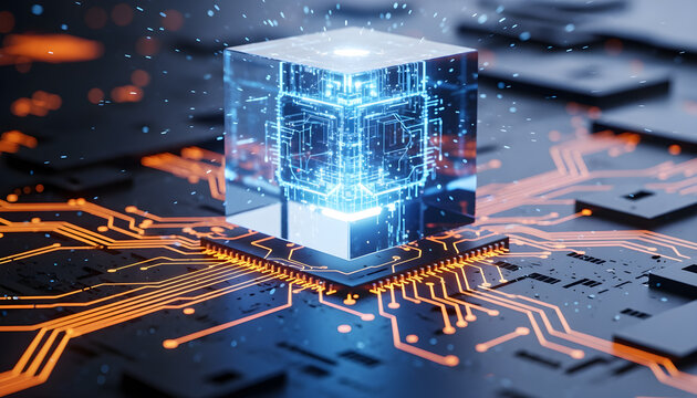 Abstract energy cube with luminous circuit pattern on black background         
      
   

