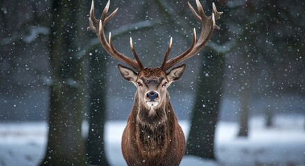 Winter Wilderness: Regal Stag with a Large Rack and Falling Snow