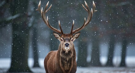 Intense Wildlife Portrait: Powerful Male Deer Gazing Directly at the Camera in Winter