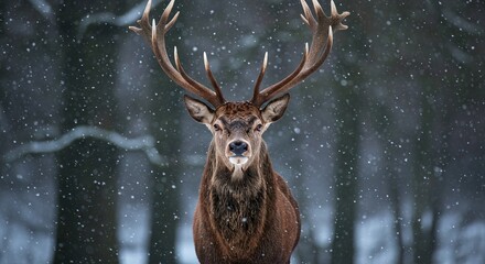 Majestic Red Deer Stag with Impressive Antlers Standing in a Heavy Snowfall