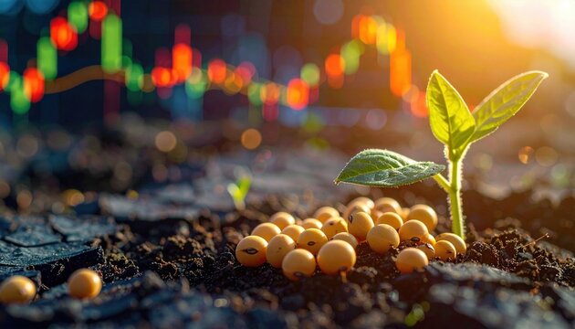 Soybean seeds and sprouting plant on soil with economic graph background representing agricultural growth and sustainability trend