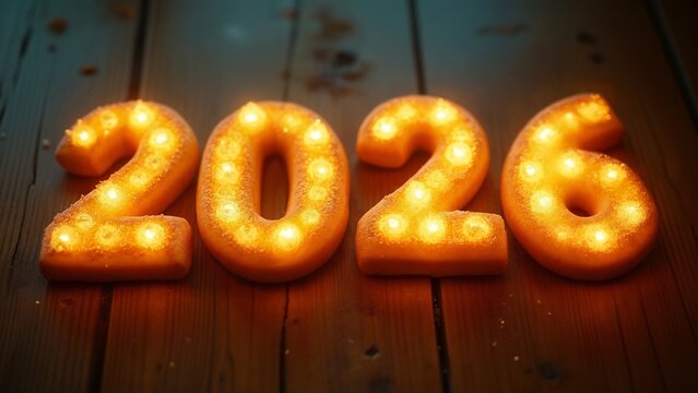 A close-up shot of three lit up numbers on a wooden table.