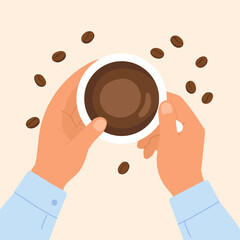 Man holding cup of coffee with relaxed confident vibe, coffee moment radiates warmth and focus, coffee aroma fills cozy morning space, symbol of comfort, energy, and mindfulness.