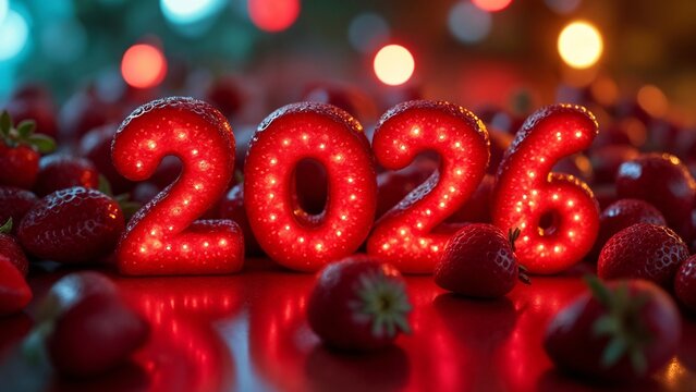 A close-up of the numbers "2026" surrounded by strawberries.
