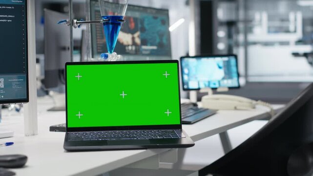 Close up of isolated screen laptop displaying DNA data in laboratory. Chroma key device and bioinformatics genomics software on PC in modern lab, advancing scientific knowledge