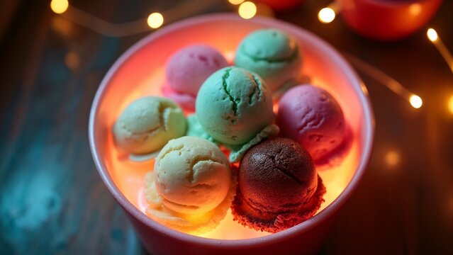 A bowl filled with ice cream scoops on top of a table.