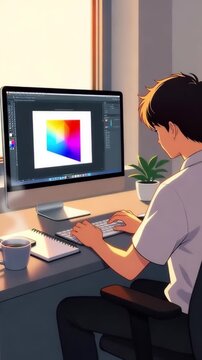 A Japanese anime cartoon style graphic designer focuses on editing images on a computer with a drawing tablet and professional tools.