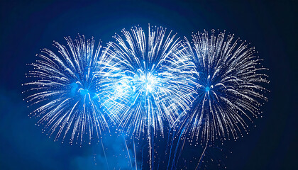 Fuegos artificiales azules blancos espectaculares cielo nocturno ciudad skyline celebración año nuevo festivo 