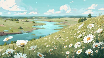 Daisy-filled hilltop overlooks river valley on a sunny day under a blue sky with fluffy clouds