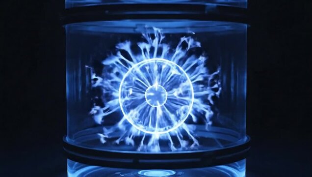 Glowing blue plasma ball encased in clear container with blurred background spheres visible inside
