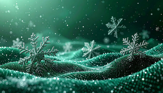 Fondo navideño verde esmeralda ondas brillantes copos nieve blancos partículas luz mágico elegante
