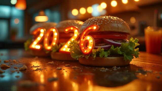 A close-up of a hamburger on a table with the numbers "2026" in the background.