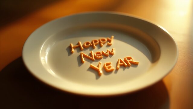 A close-up shot of a white plate with "Happy New Year" written in gold letters. - Powered by Adobe