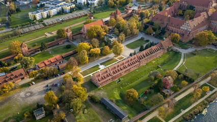 Aerial view of Malbork Castle along the Nogat River in Poland