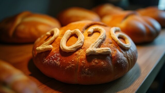 A close-up of a loaf of bread with the numbers "2026" written on it.