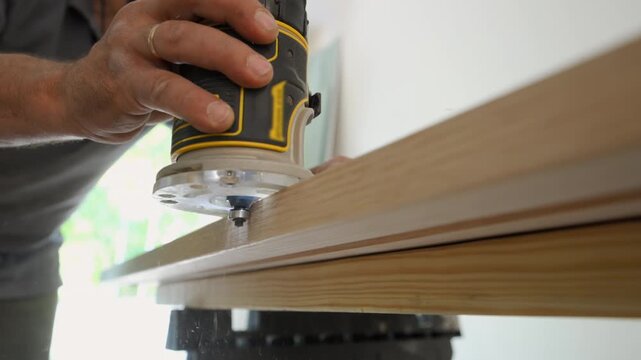 Woodworker using a trim router to shape and smooth the edge of a wooden board. The worker carefully guides the handheld power tool along the surface