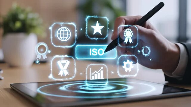 Hand uses a stylus to interact with holographic icons on a tablet, indicating international standards