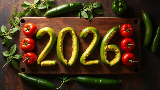 A wooden cutting board topped with green and yellow numbers.