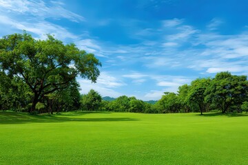Lush Green Meadow with Trees Under Bright Blue Cloudy Sky Scenery Wide Open Field Grassy Plain Tranquil Landscape Pastoral Scene Greenery Serene Environment