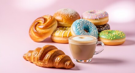 Delicious donuts, croissant, and cappuccino on pink background for sweet indulgence