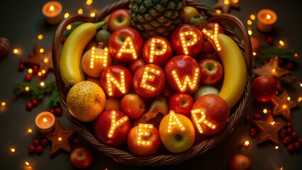 A basket filled with apples, bananas, and pineapples with the words "HAPPY NEW YEAR" written on it.