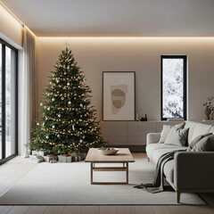 Modern living room decorated for Christmas with beautiful Christmas tree, warm lights, and cozy sofa.