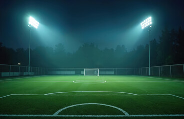 Fototapeta premium Empty green soccer field glows brightly at night. Powerful stadium lights illuminate artificial grass pitch. White lines mark playing area with goal net. Dark forest trees stand behind fence,