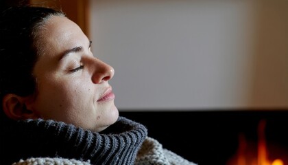 Close-up of a woman dozing by the fire with soft bokeh and knit textures