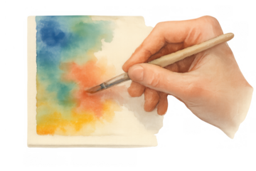 Hand holding paintbrush, painting colorful watercolor on paper, illustrating artistic creativity and hobby