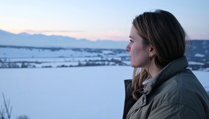 Woman at a snowy lakeshore at dusk looking across quiet mountains