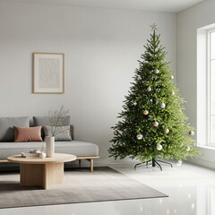 Modern living room decorated for Christmas with beautiful Christmas tree, warm lights, and cozy sofa.