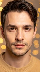 Studio portrait of young man under soft lighting with warm holiday atmosphere.
