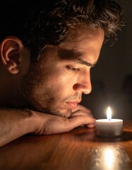Man resting head near candle flame in dim room showing quiet emotional solitude.
