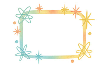 Obraz premium Retro watercolor frame featuring atomic stars and sprinkles, creating a colorful mid-century modern aesthetic. Transparent background