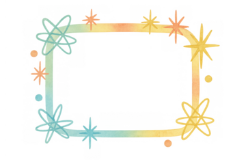 Retro watercolor frame featuring atomic stars and sprinkles, creating a colorful mid-century modern aesthetic. Transparent background