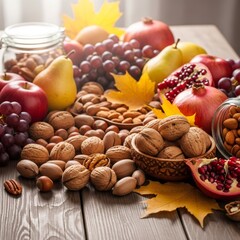 Assortment of fresh autumn fruits, nuts, and maple leaves on rustic wooden table for Thanksgiving feast or healthy eating concept.