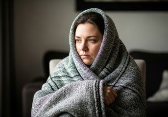Sad woman wrapped in blanket sitting alone indoors showing thoughtful calm winter mood.