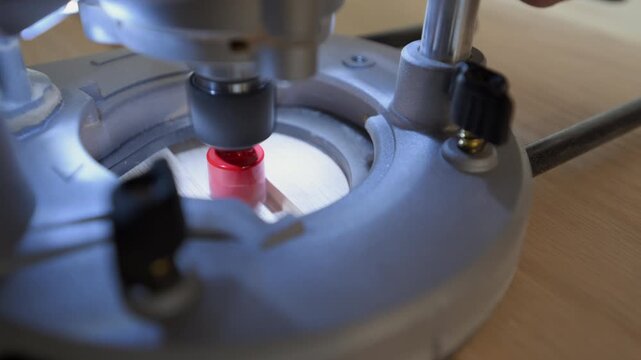 Wood router in action cutting into a wooden surface. The spinning bit carves a precise groove as the tool is guided smoothly across the material.