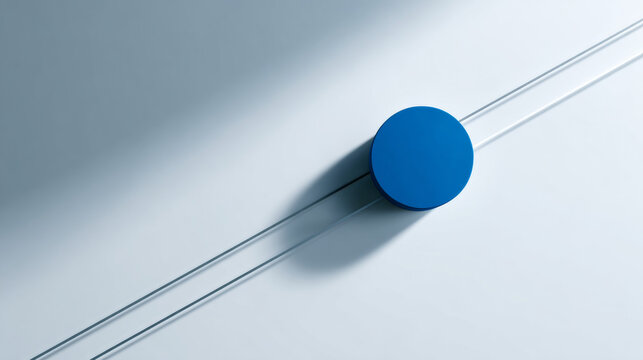 A blue circle is on a white surface with two parallel lines behind it