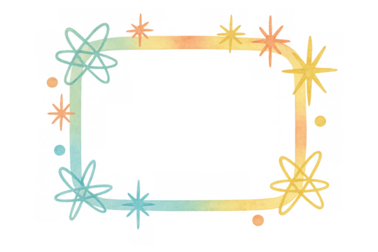 Retro watercolor frame featuring atomic stars and sprinkles, creating a colorful mid-century modern aesthetic. Transparent background