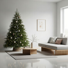Modern living room decorated for Christmas with beautiful Christmas tree, warm lights, and cozy sofa.