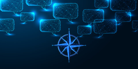 AI decision-making and navigation concept with digital compass and communication speech bubbles